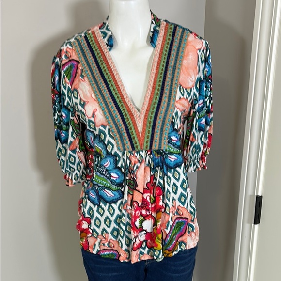 Blnk London Anthropologie STEPHANIE Blue Red Floral V Neck Top Embroiderd Sz S - Picture 2 of 16